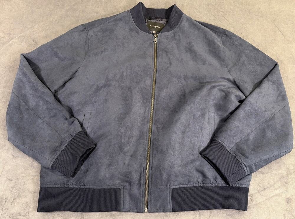 Banana Republic Men's Navy Blue Suede Bomber Jacket Lined Zip Band Collar XXL FS